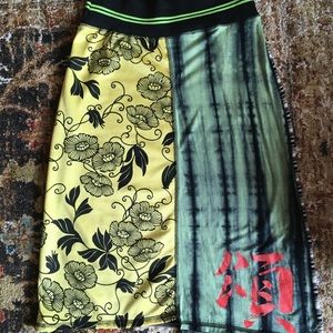 Yellow black green midi skirt